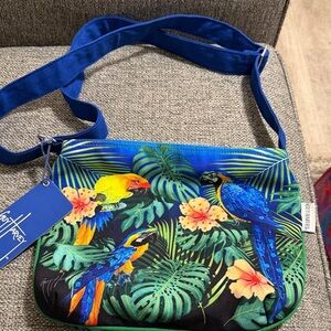 Guy Harvey Vibrant Tropical Sequined Macaw Parrot Canvas Crossbody Bag NWT